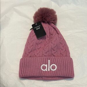 ALO Mauve Cable Knit Beanie with Pom